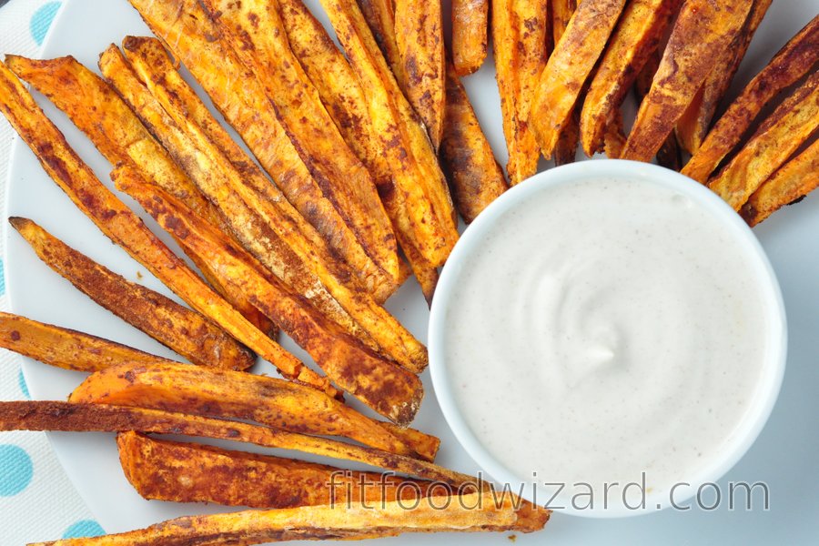 Cinnamon Sweet Potato Fries with Vanilla Cream | fitfoodwizard.com