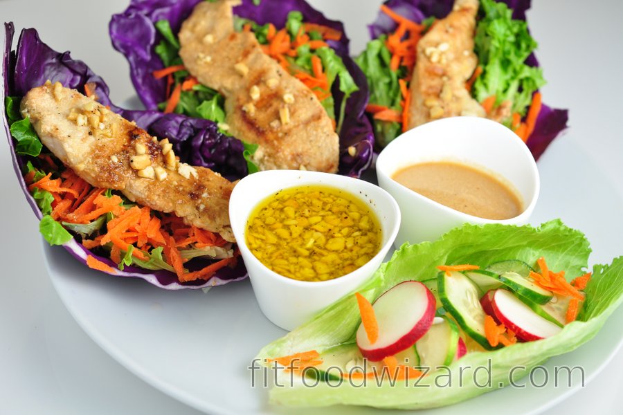 Veggie chicken wraps with two sauces