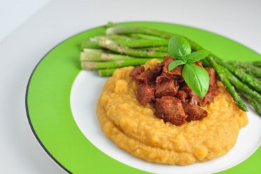 Beef with split pea mash and asparagus
