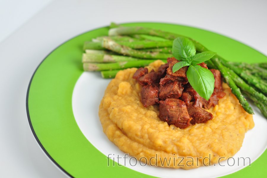 Beef with split pea mash and asparagus