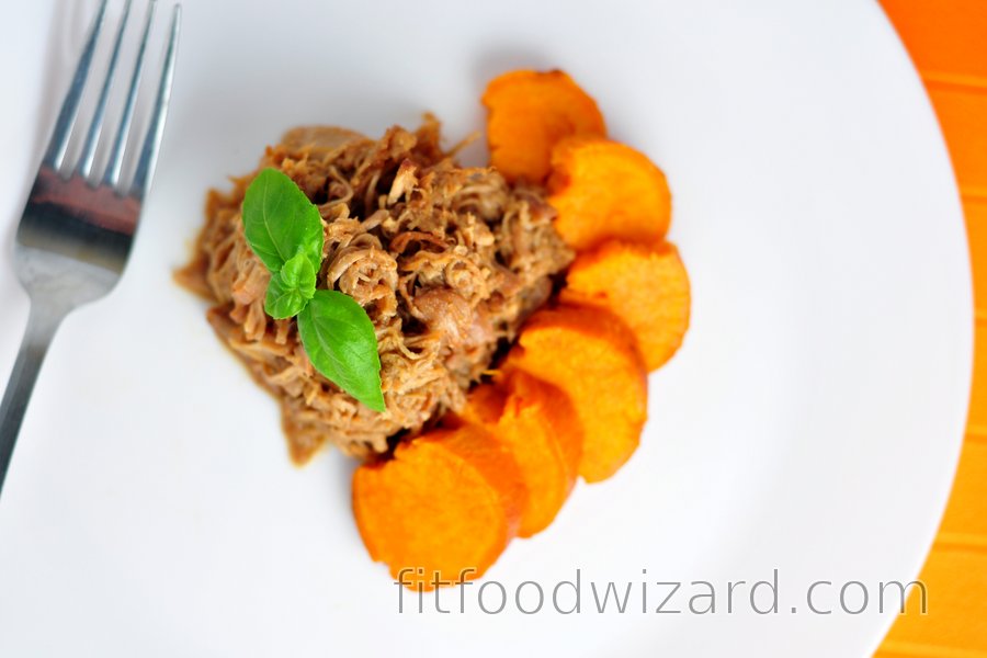 Delicious honey pulled chicken with sweet potatoes