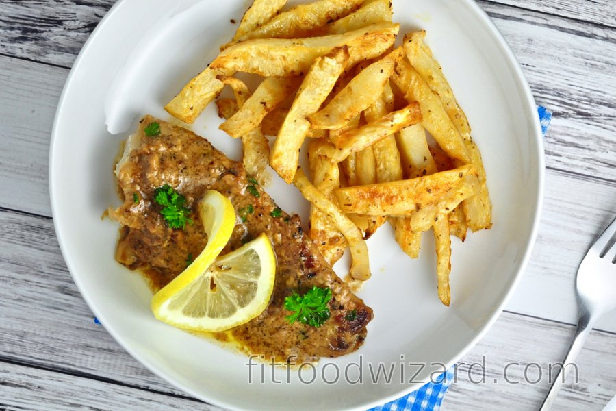 Braised cod in lemon-garlic sauce with celery fries