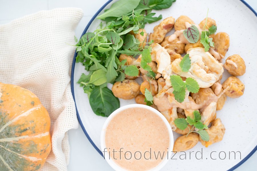 Pumpkin Gnocchi with Chicken and Cheesy Sauce | fitfoodwizard.com