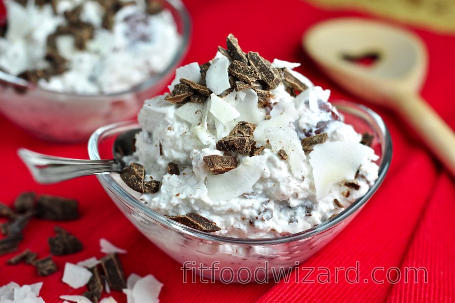 Delicious Raffaello cream with quark, cherries, and chocolate ...