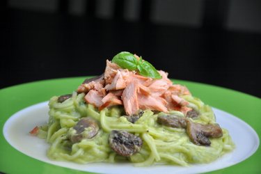 Zucchini "Spaghetti" (Zoodles) with Salmon and Creamy Avocado Sauce
