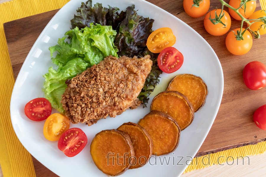 Baked fitness schnitzel with sweet potatoes